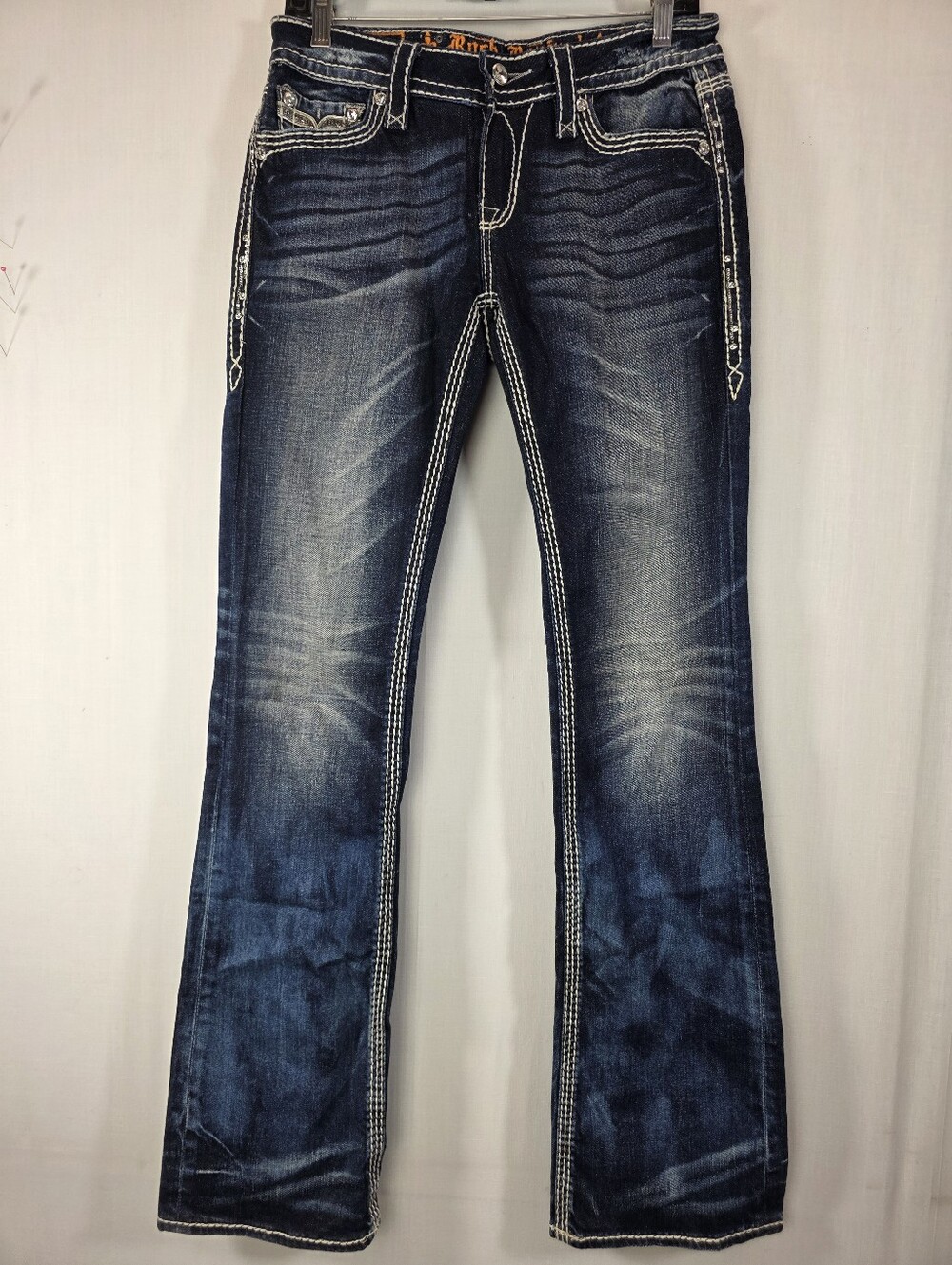 Rock Revival Kai Bootcut Jeans Size 29 Dark Wash Rhinestone Sequins Fleur De Lis